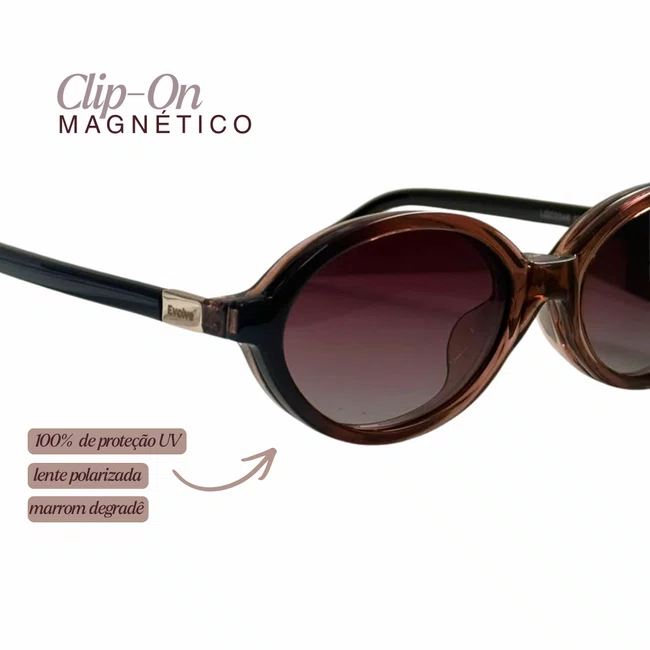 Óculos Clip-On Feminino Oval Evolve Retrô Marrom Escuro Degradê