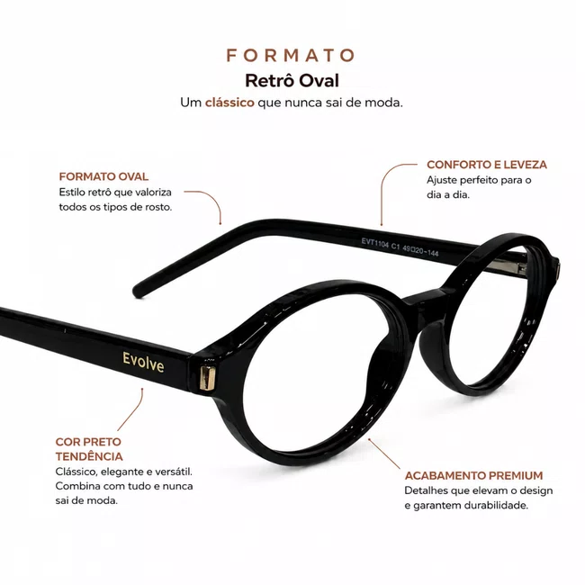 Óculos de grau Evolve, modelo Oval Preto Tendência