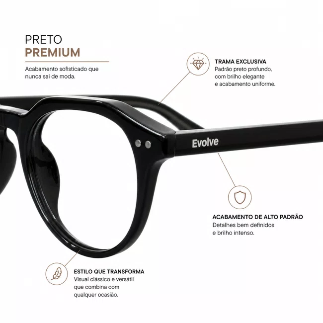 Óculos de Grau Evolve, Redondo Geométrico Preto