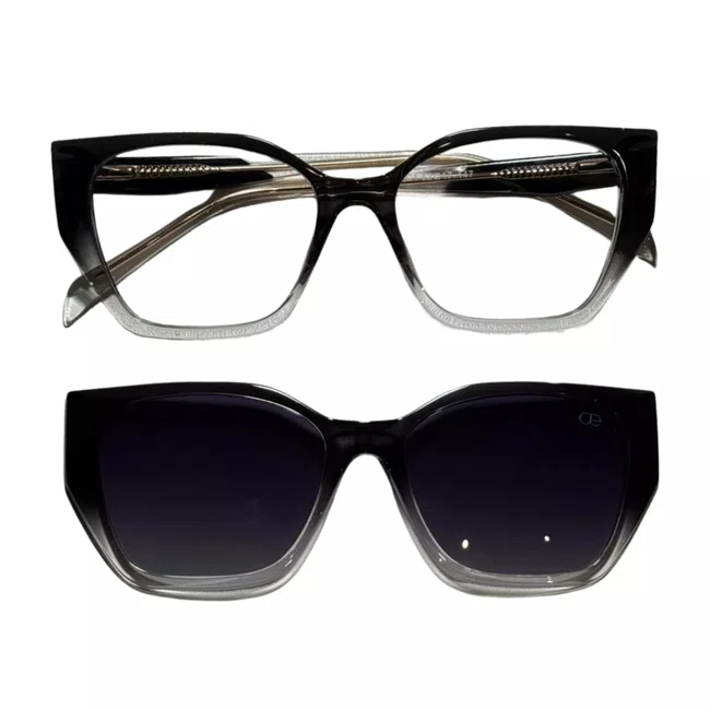 Óculos de grau feminino clip-on Evolve, modelo 2 em 1 em Preto Degradê