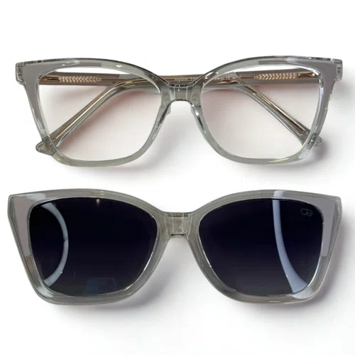 Óculos de grau feminino clip-on, modelo 2 em 1 em Cinza