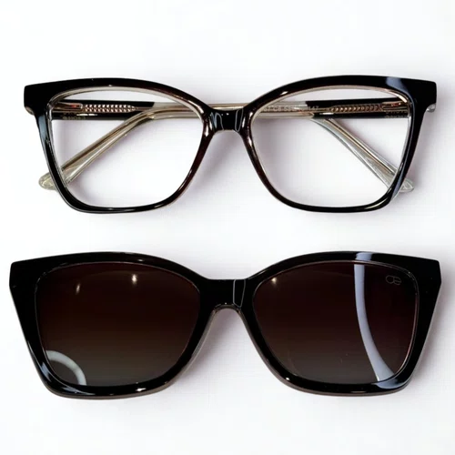 Óculos de grau feminino clip-on, modelo 2 em 1 em Marrom