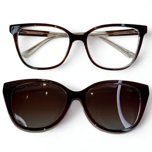 Óculos de grau feminino clip-on, modelo 2 em 1 em Marrom