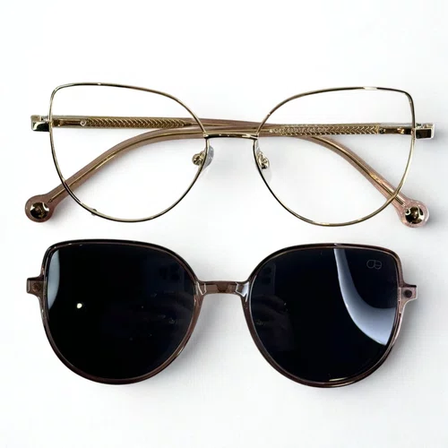 Óculos de grau feminino clip-on, modelo 2 em 1 em Metal Dourado
