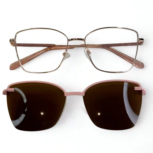 Óculos de grau feminino clip-on, modelo 2 em 1 em Metal Dourado