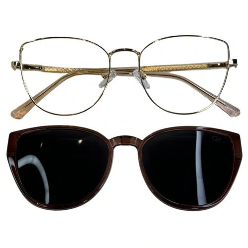 Óculos de grau feminino clip-on, modelo 2 em 1 em Metal em Dourado