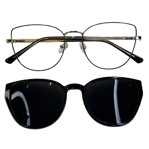 Óculos de grau feminino clip-on, modelo 2 em 1 em Metal em Dourado e Preto
