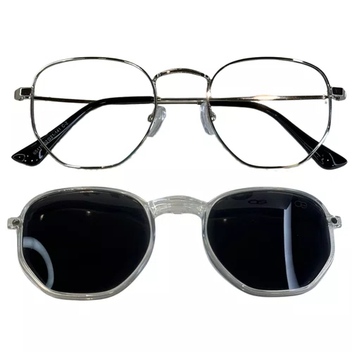 Óculos de grau feminino clip-on, modelo 2 em 1 em Metal em Prata