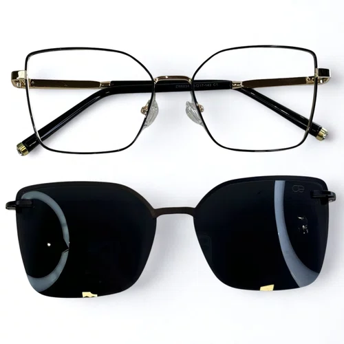 Óculos de grau feminino clip-on, modelo 2 em 1 em metal em Preto