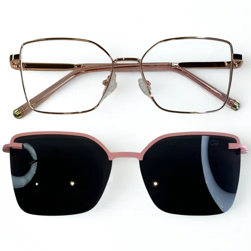 Óculos de grau feminino clip-on, modelo 2 em 1 em metal em Rosê