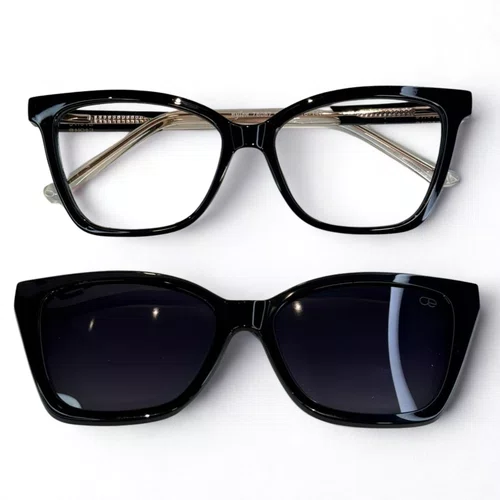 Óculos de grau feminino clip-on, modelo 2 em 1 em Preto