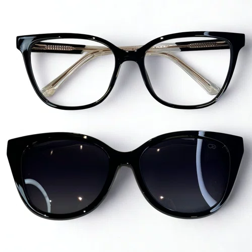 Óculos de grau feminino clip-on, modelo 2 em 1 em Preto