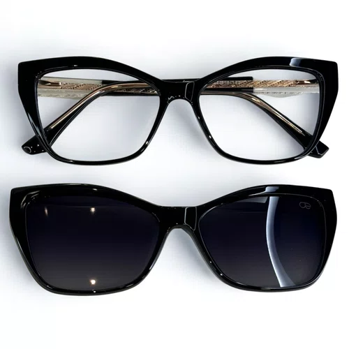 Óculos de grau feminino clip-on, modelo 2 em 1 em Preto