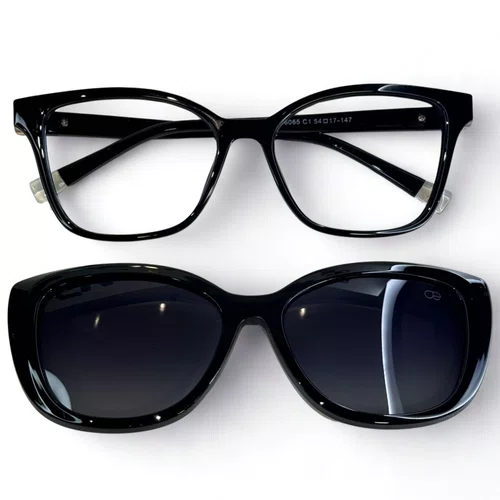 Óculos de grau feminino clip-on, modelo 2 em 1 em Preto