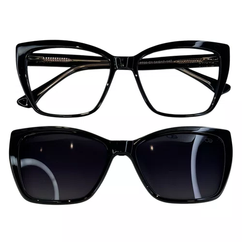Óculos de grau feminino clip-on, modelo 2 em 1 em Preto