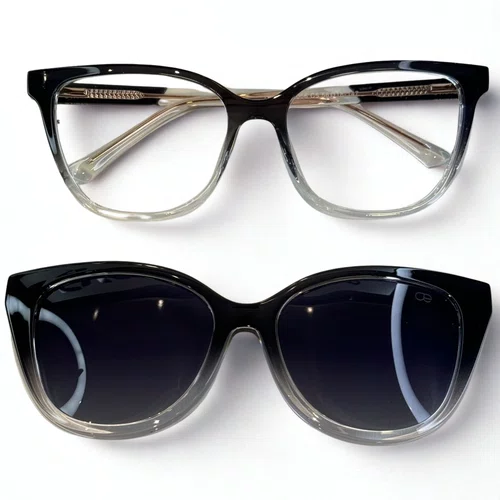 Óculos de grau feminino clip-on, modelo 2 em 1 em Preto Degradê