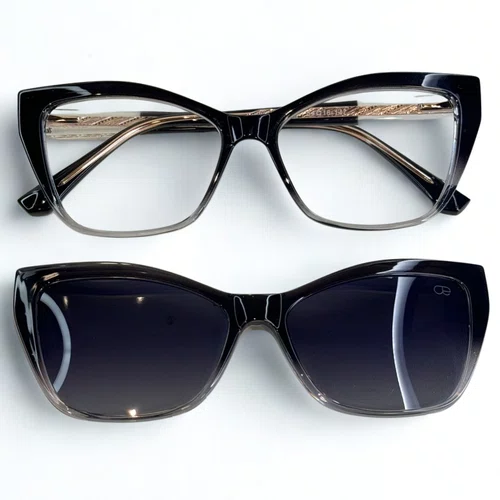 Óculos de grau feminino clip-on, modelo 2 em 1 em Preto Degradê