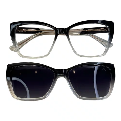 Óculos de grau feminino clip-on, modelo 2 em 1 em Preto Degradê