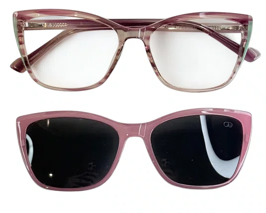 Óculos de Grau Feminino Clip-on Modelo 2 em 1 em Rosa e Verde