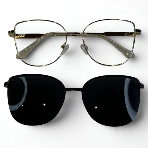 Óculos de grau feminino clip-on, modelo 2 em 1 metal em Dourado
