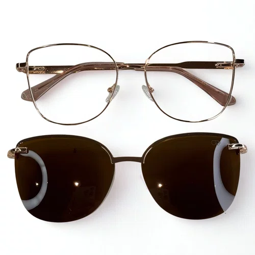 Óculos de grau feminino clip-on, modelo 2 em 1 metal em Rosê