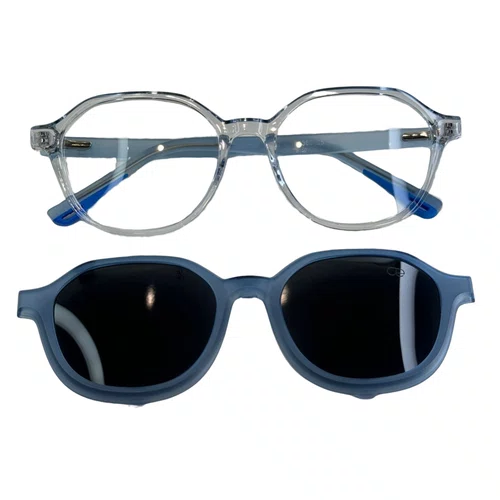 Óculos de grau infantil clip-on, modelo 2 em 1 em Azul Translúcido