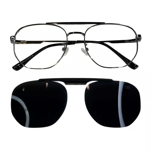 Óculos de grau masculino clip-on, modelo 2 em 1 em Metal em Prata