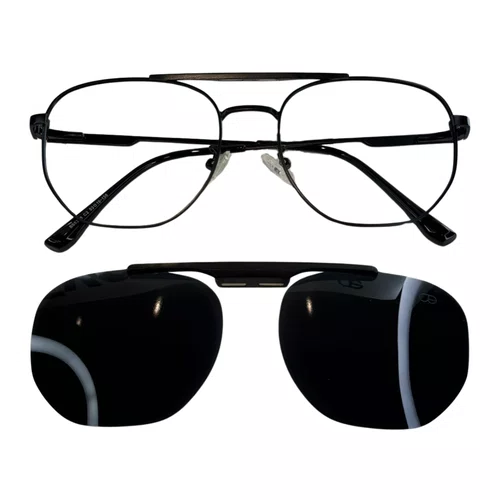 Óculos de grau masculino clip-on, modelo 2 em 1 em Metal em Preto