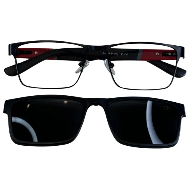 Óculos de grau masculino clip-on, modelo 2 em 1 metal em Preto