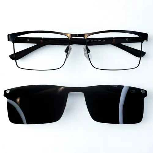 Óculos de grau masculino clip-on, modelo 2 em 1 metal em Preto