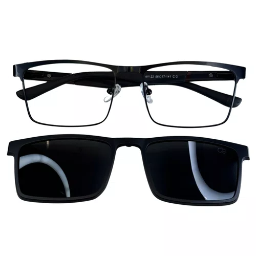 Óculos de grau masculino clip-on, modelo 2 em 1 metal em Preto