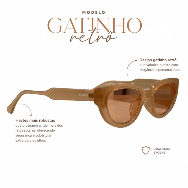 Óculos de Sol Evolve Feminino, Gatinho Retrô Bege Translúcido
