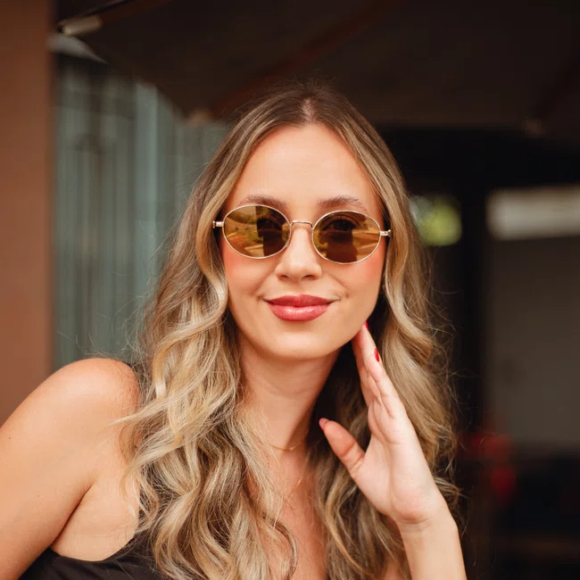 Óculos de sol Evolve, modelo Oval Metal em Dourado lente Marrom Espelhada