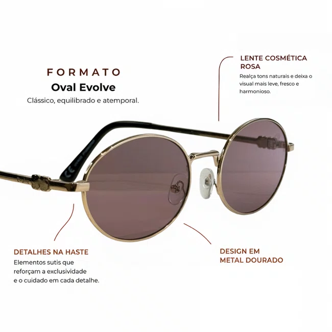 Óculos de sol Oval Evolve, em Metal Dourado com Lente Cosmética Rosa