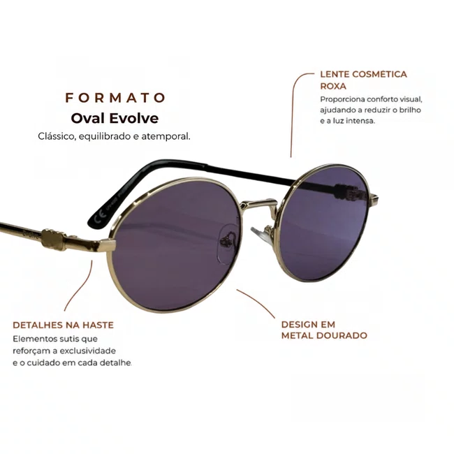 Óculos de sol Oval Evolve, em Metal Dourado com Lente Cosmética Roxa
