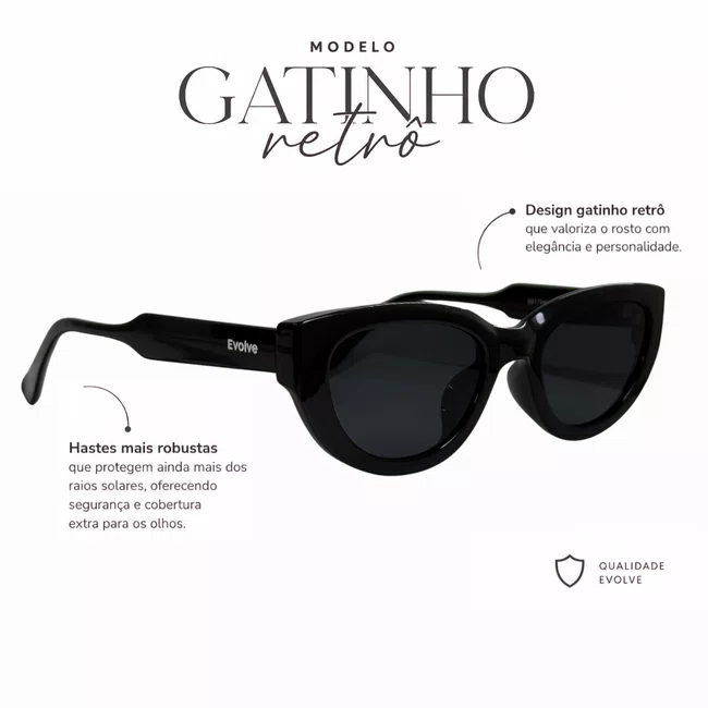Óculos de Sol Evolve Feminino, Gatinho Retrô Preto