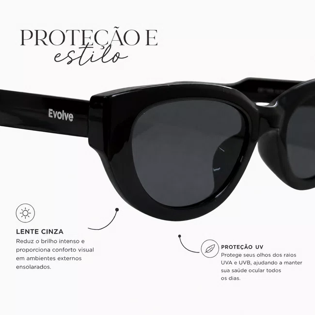Óculos de Sol Evolve Feminino, Gatinho Retrô Preto