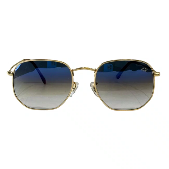 Óculos de sol, modelo hexagonal em Dourado lente azul