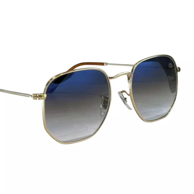 Óculos de sol, modelo hexagonal em Dourado lente azul