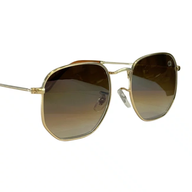 Óculos de sol, modelo hexagonal em Dourado lente marrom