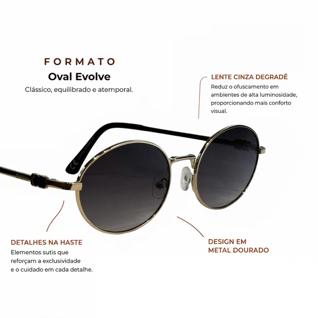 Óculos de sol Oval Evolve, em Metal Dourado com Lente Cinza Degradê