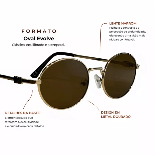 Óculos de sol Oval Evolve, em Metal Dourado com Lente Marrom