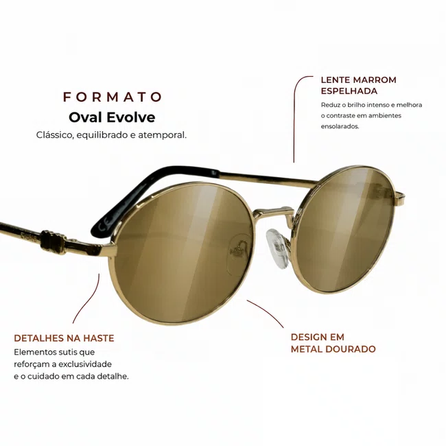 Óculos de sol Oval Evolve, em Metal Dourado com Lente Marrom Espelhada