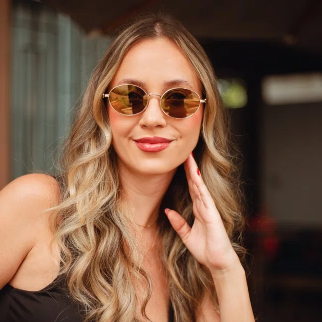 Óculos de sol Oval Evolve, em Metal Dourado com Lente Marrom Espelhada