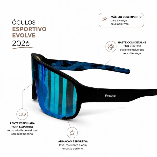 Óculos Esportivo Evolve, Lente Espelhada Azul