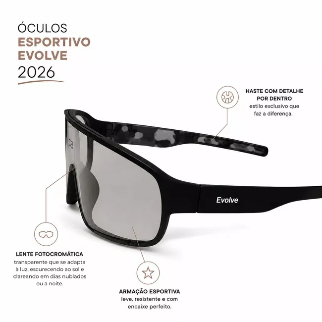 Óculos Esportivo Evolve, Lente Transparente com Escurecimento
