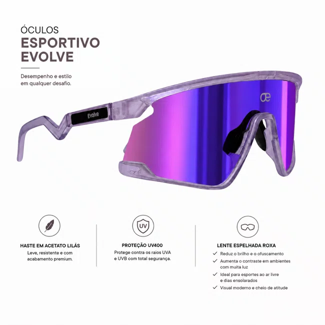Óculos Esportivo Evolve, Lilás com Lente Roxa Espelhada Fotocromática