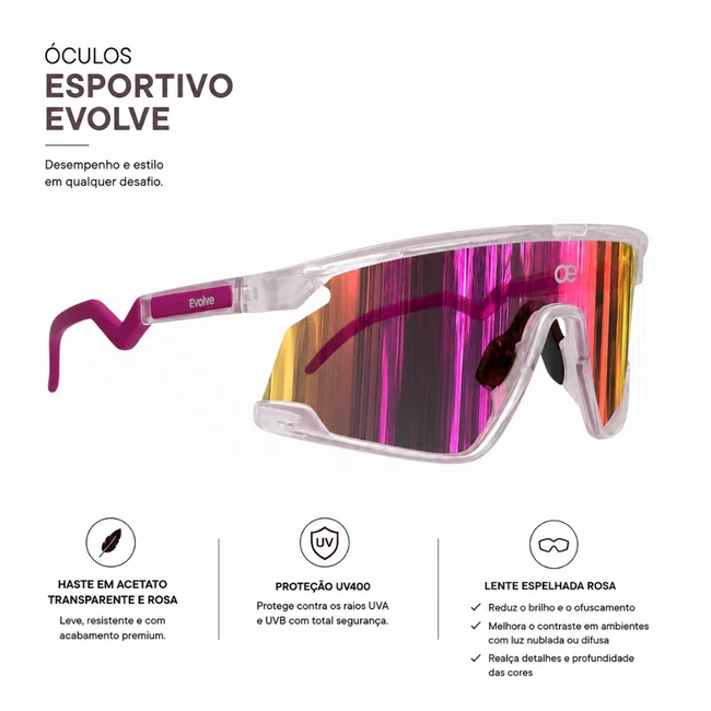 Óculos Esportivo Evolve, Transparente com Lente Rosa Espelhada Fotocromática