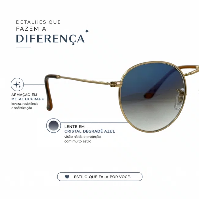 Óculos Solar Evolve Redondo Clássico de Metal Dourado e Lente Azul Degradê