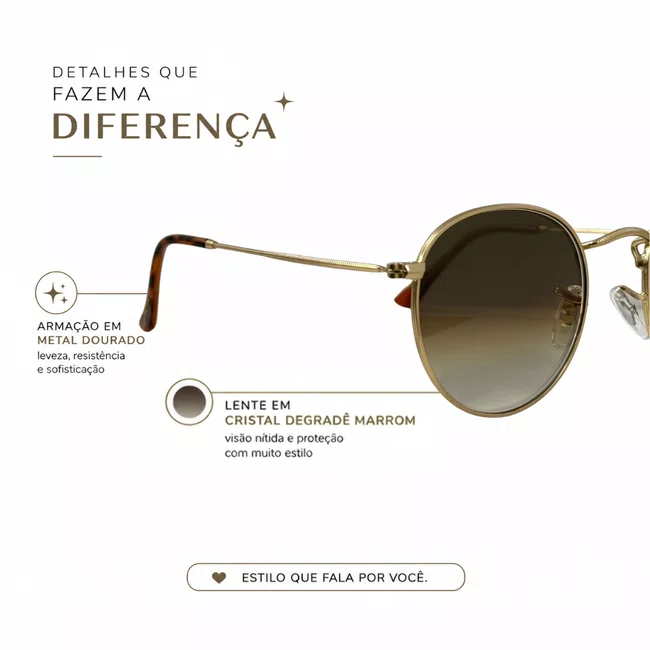 Óculos Solar Evolve Redondo Clássico de Metal Dourado e Lente Marrom Degradê